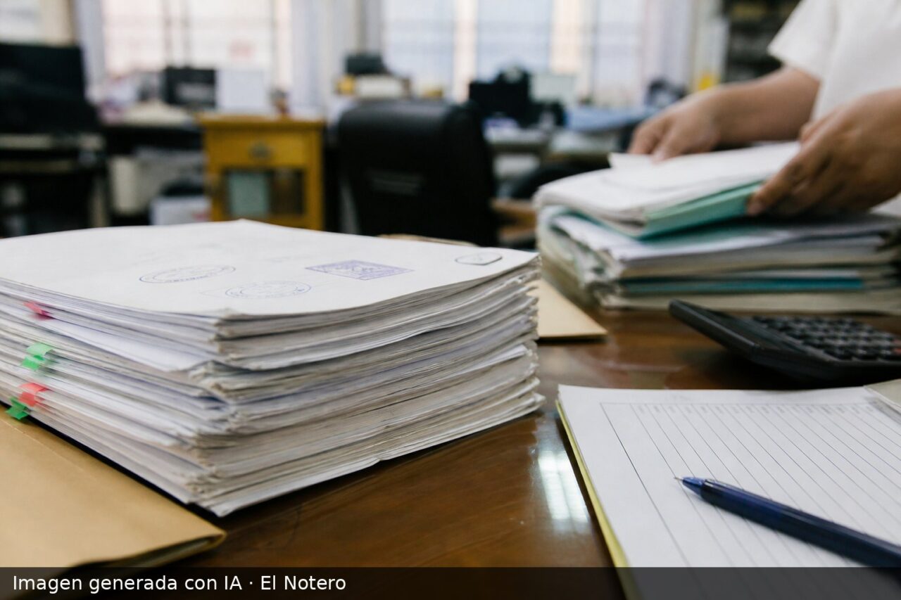 Una pila de expedientes y contratos administrativos sobre un escritorio, con una oficina municipal desenfocada al fondo y manos ordenando papeles.