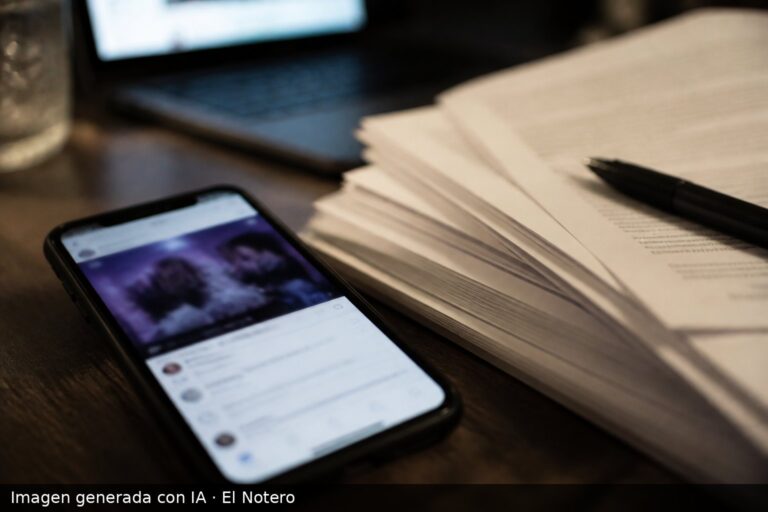 Primer plano de un teléfono con una publicación borrosa junto a papeles legales y una lapicera sobre un escritorio, con una computadora al fondo.