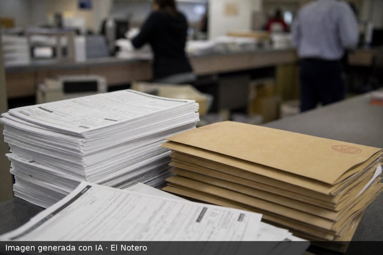 Pilas de formularios de actualización de domicilio y carpetas administrativas sobre un escritorio de oficina pública, con atención al público desenfocada al fondo.