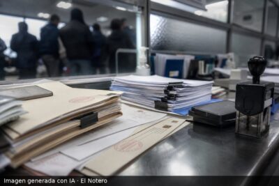 Primer plano de carpetas y papeles de un expediente migratorio sobre un escritorio metálico, con una fila desenfocada de personas al fondo en una oficina.