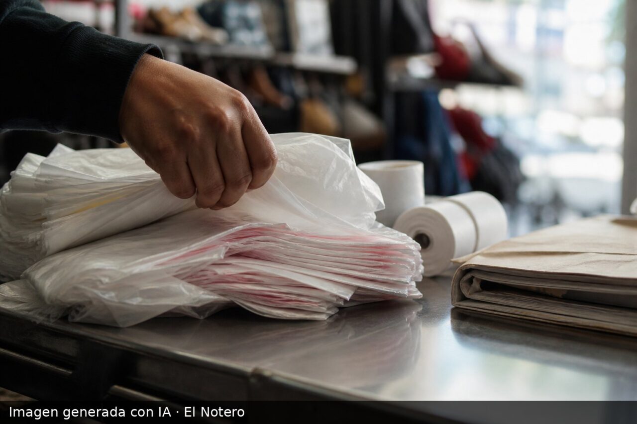 Un primer plano de bolsas descartables apiladas junto a un documento legal sobre un mostrador, con una mano acomodándolas en una tienda desenfocada.