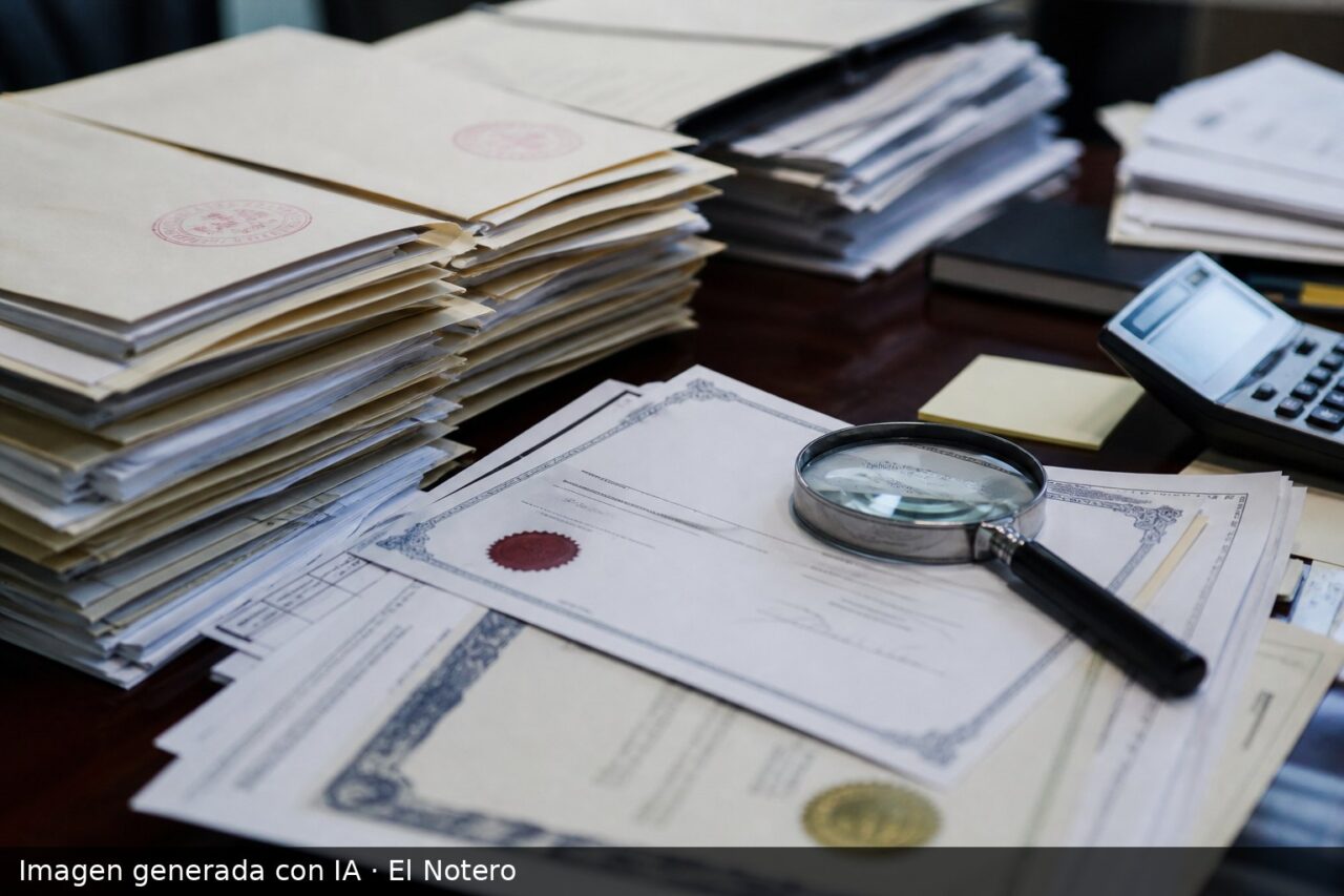 Primer plano de carpetas y documentos oficiales apilados sobre un escritorio, con una lupa y un sello de oficina, en un ambiente administrativo.