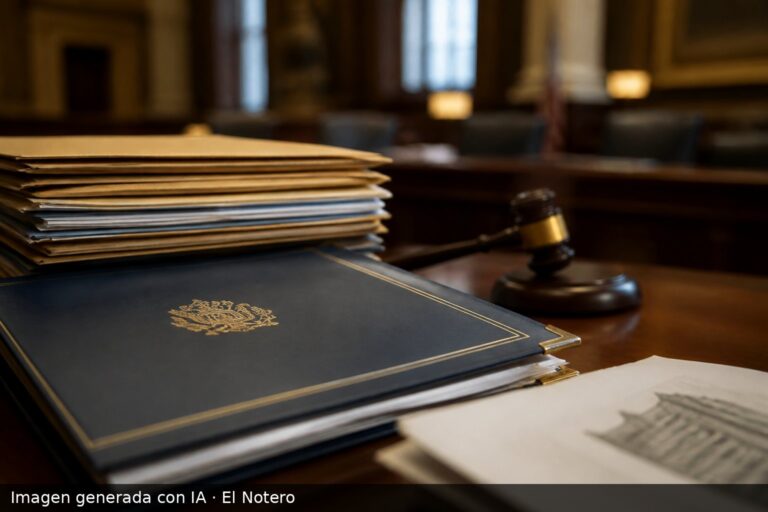 Primer plano de expedientes judiciales y una carpeta de designación sobre un escritorio, con un despacho oficial desenfocado al fondo.