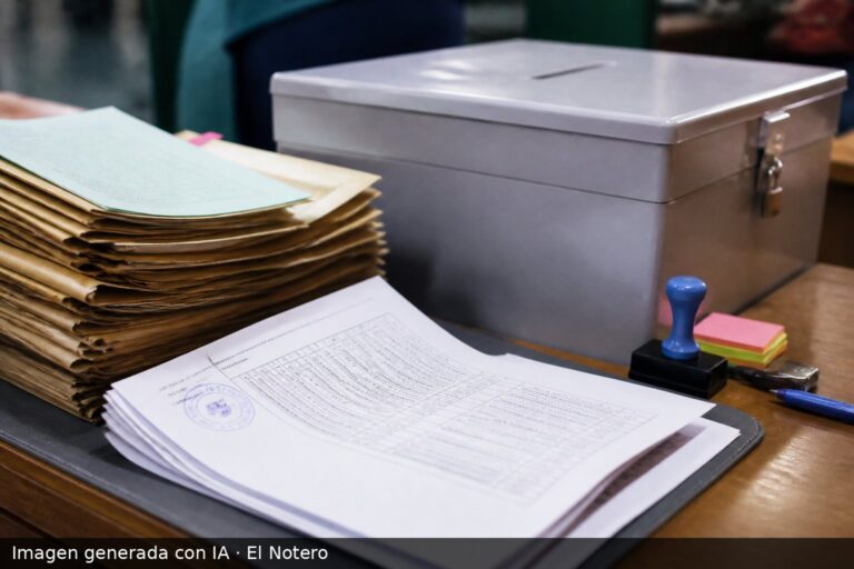 Planos cerrados de papeles y carpetas electorales sobre un escritorio, junto a una urna y útiles de oficina en una dependencia pública.