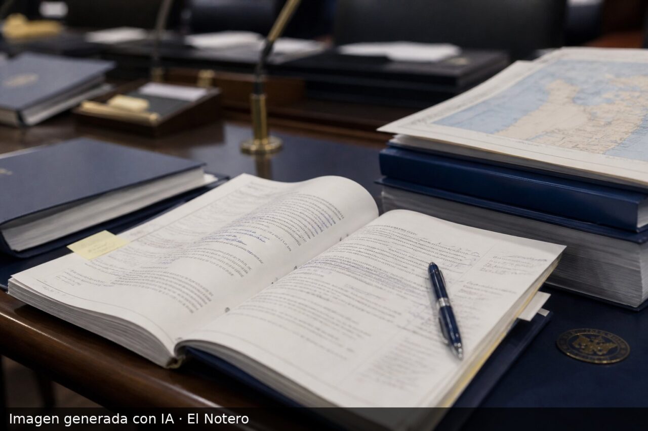 Un primer plano de un expediente legislativo abierto sobre una mesa de comisión, con carpetas y papeles, y mapas desenfocados al fondo.
