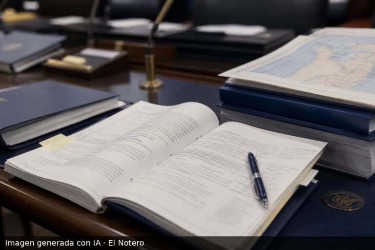 Un primer plano de un expediente legislativo abierto sobre una mesa de comisión, con carpetas y papeles, y mapas desenfocados al fondo.