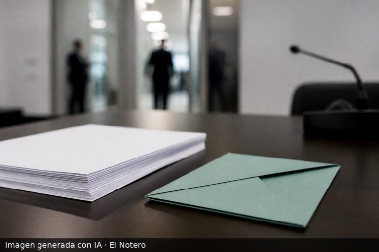 Primer plano de formularios electorales y un sobre de voto sobre una mesa de oficina, con un pasillo desenfocado al fondo.