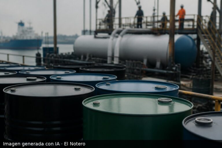 Barriles de combustible apilados y una plataforma de carga en un puerto, con siluetas desenfocadas al fondo.