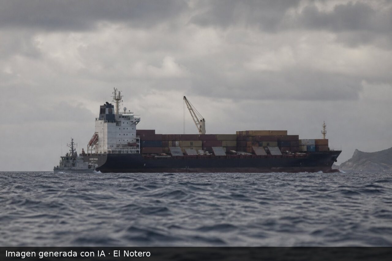 Un buque de carga en el Caribe escoltado por una embarcación de guardacostas, en una escena de inspección marítima con los tanques y contenedores de carga visibles.