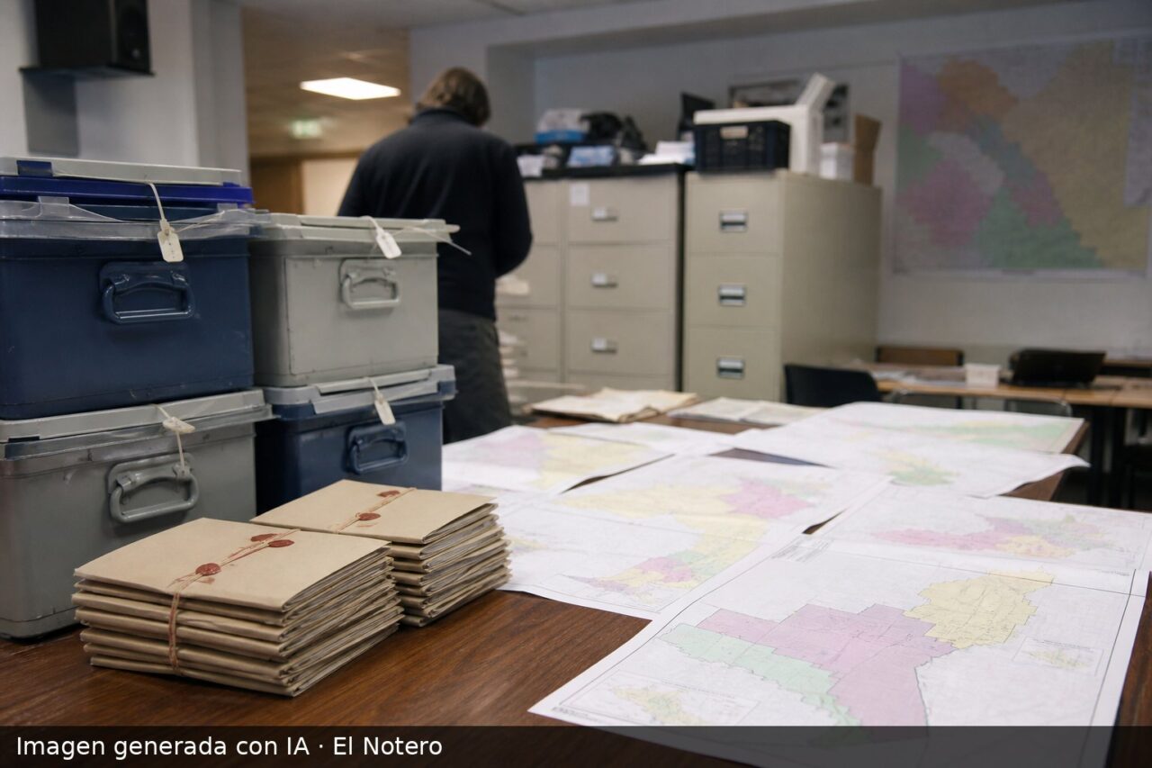 Cajas de votación, carpetas electorales y mapas distritales sobre una mesa de una oficina municipal, con una persona desenfocada de espaldas al fondo.