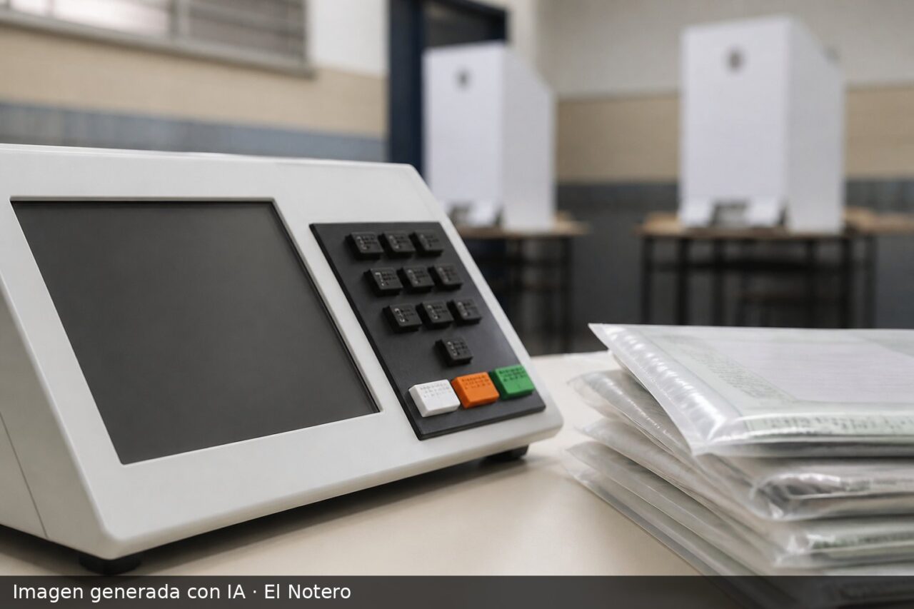 Una urna electrónica y sobres de votación sobre una mesa, en un entorno de votación desenfocado.