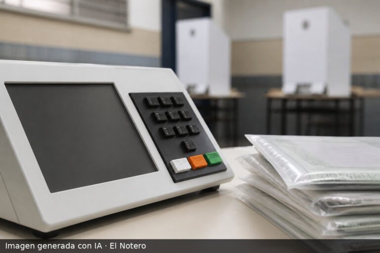 Una urna electrónica y sobres de votación sobre una mesa, en un entorno de votación desenfocado.