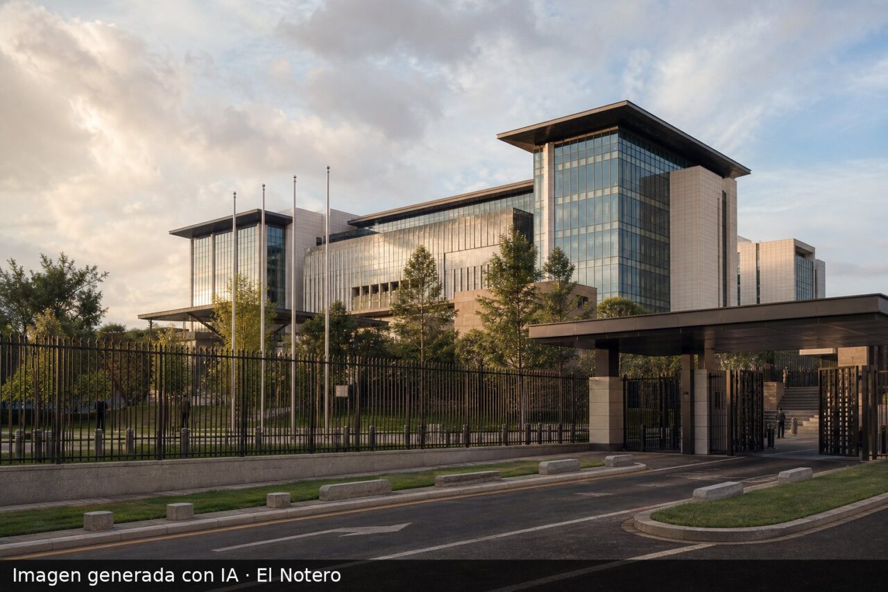 Vista exterior de una embajada moderna detrás de un cerco de seguridad, con el acceso custodiado y figuras difusas al fondo.