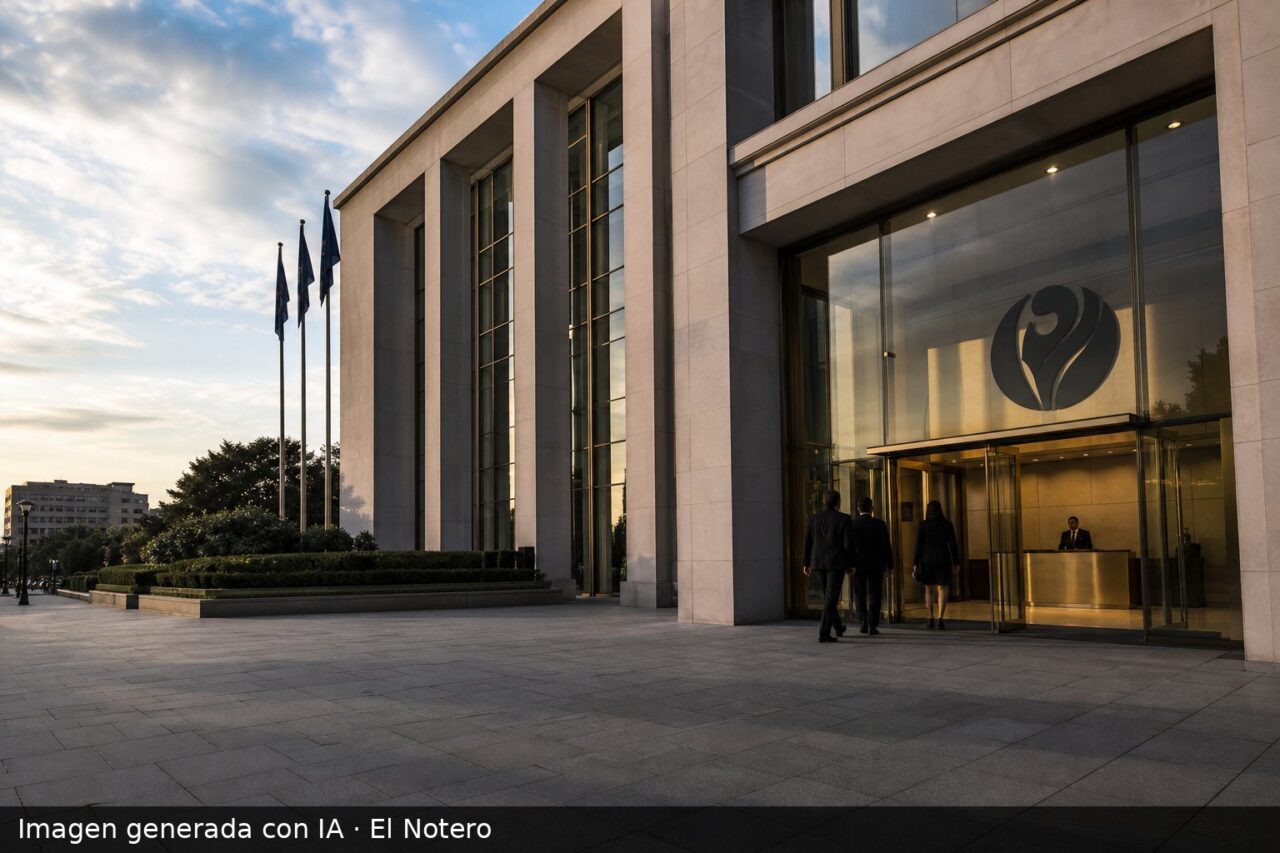 La sede de un partido político, con algunas personas entrando y el interior apenas visible detrás de los vidrios.