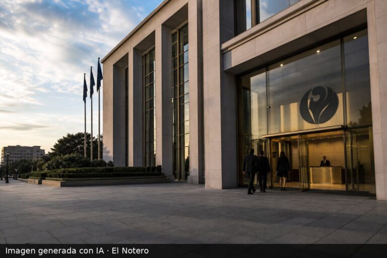 La sede de un partido político, con algunas personas entrando y el interior apenas visible detrás de los vidrios.
