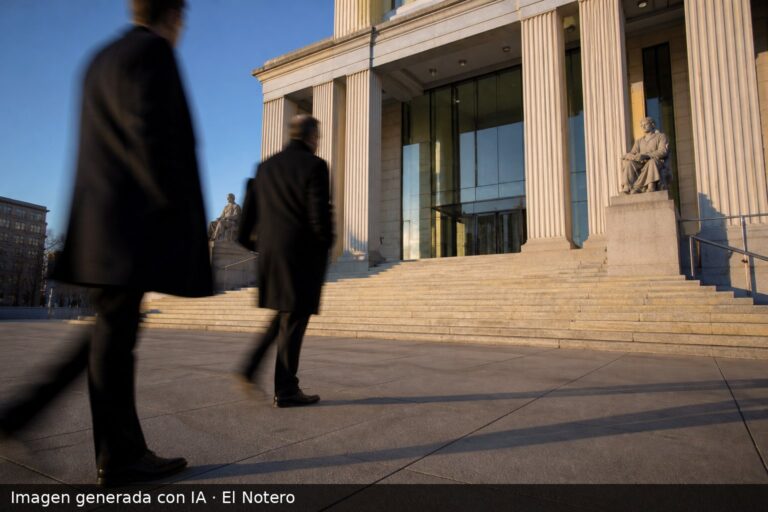 Vista exterior de un edificio judicial, con personas anónimas desenfocadas cruzando el frente y luz de tarde.