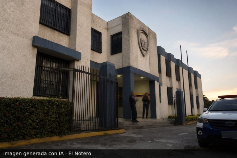 Fachada de una sede policial provincial al atardecer, con la entrada enrejada y siluetas anónimas desenfocadas cerca del acceso.