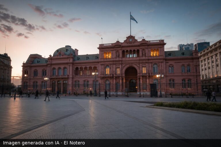 La Casa Rosada al atardecer, con pocas personas difusas en la plaza y luces encendidas en las ventanas.