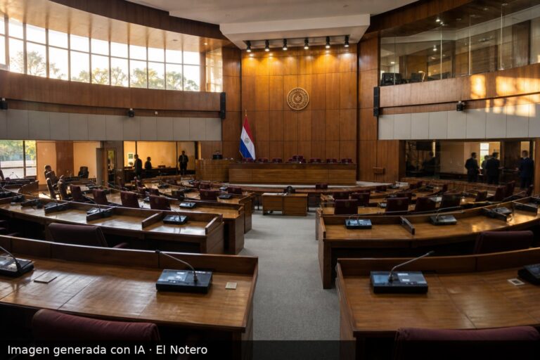 Interior de la cámara del Senado paraguayo, con bancas y estrado vacíos, visto desde el fondo y con algunas siluetas desenfocadas al fondo.