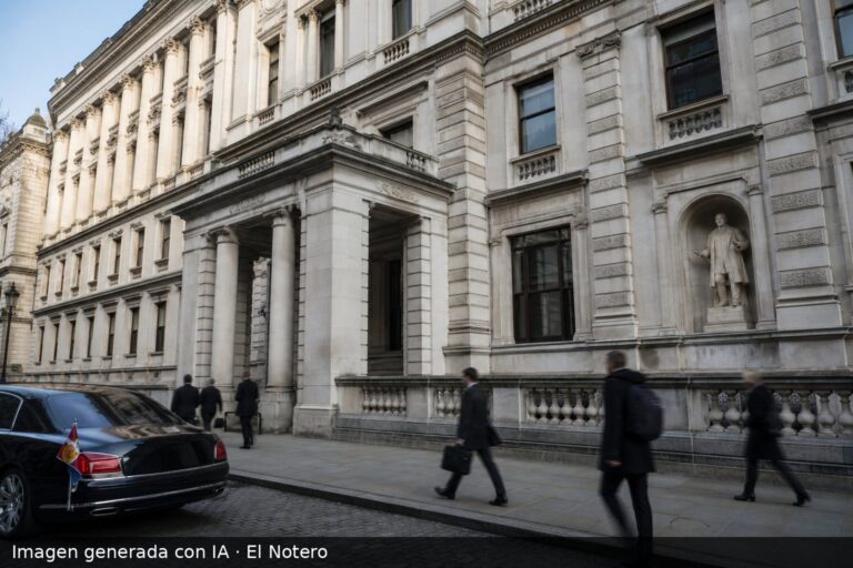Fachada de un edificio diplomático en Londres con transeúntes anónimos y un auto parcialmente visible, en una escena de prensa sobria.