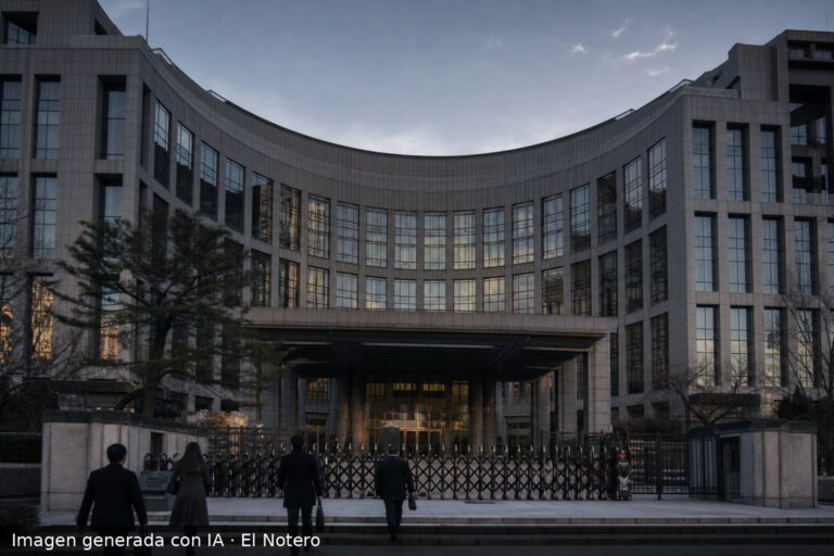 La fachada de un edificio de Cancillería al atardecer, con algunas figuras anónimas de espaldas en la entrada.