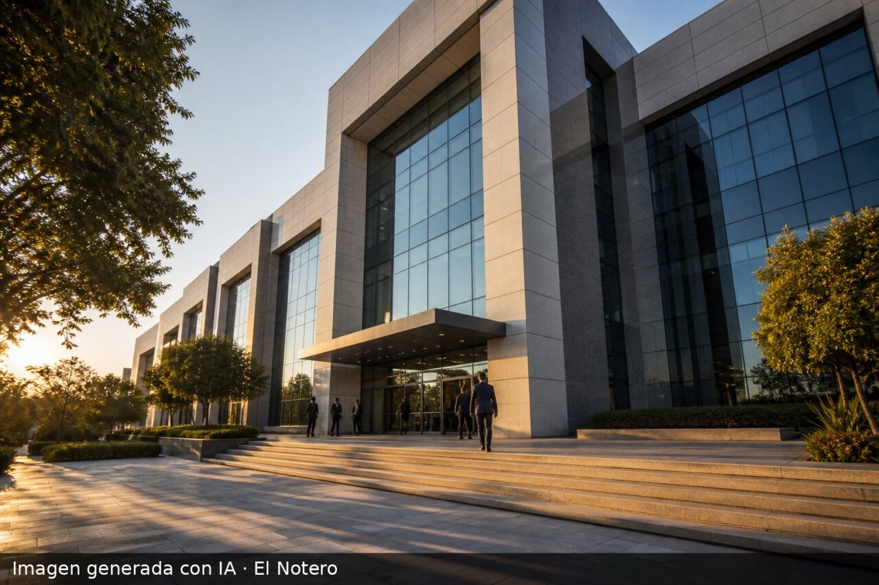 La fachada de un edificio institucional electoral, con siluetas pequeñas cerca de la entrada y luz de tarde.