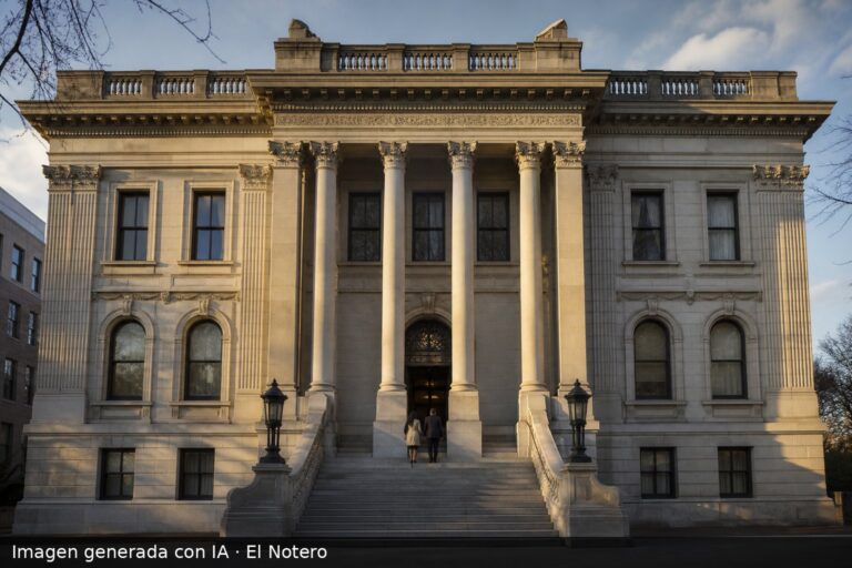 La fachada de una sede partidaria histórica vista de frente, con gente entrando de espaldas y luz de tarde.